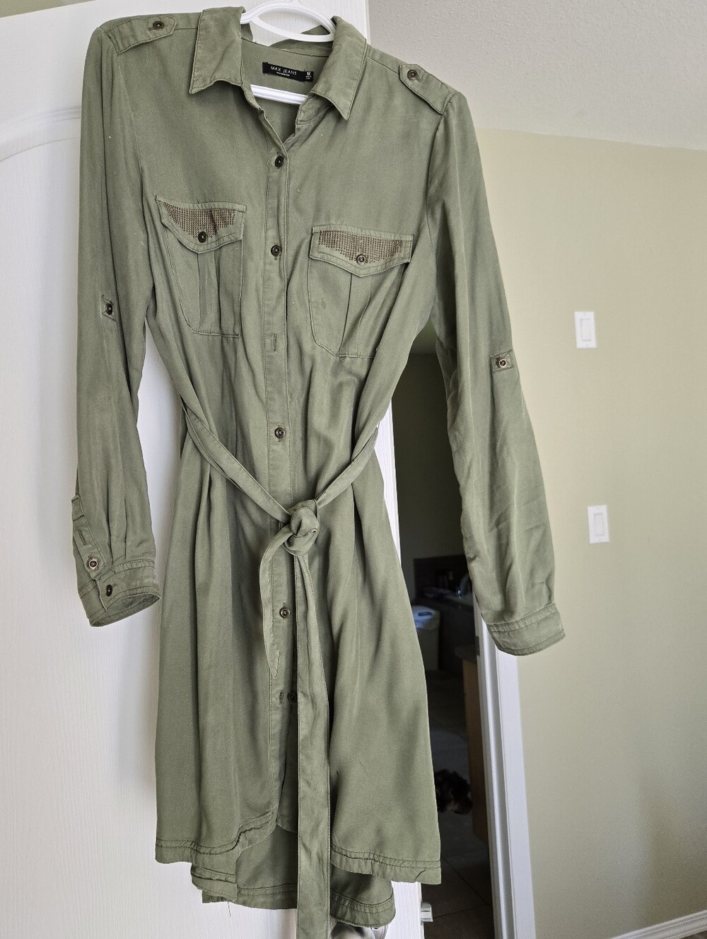 Button-Front Utility Shirt Dress with Self-Tie Waist in Olive Green